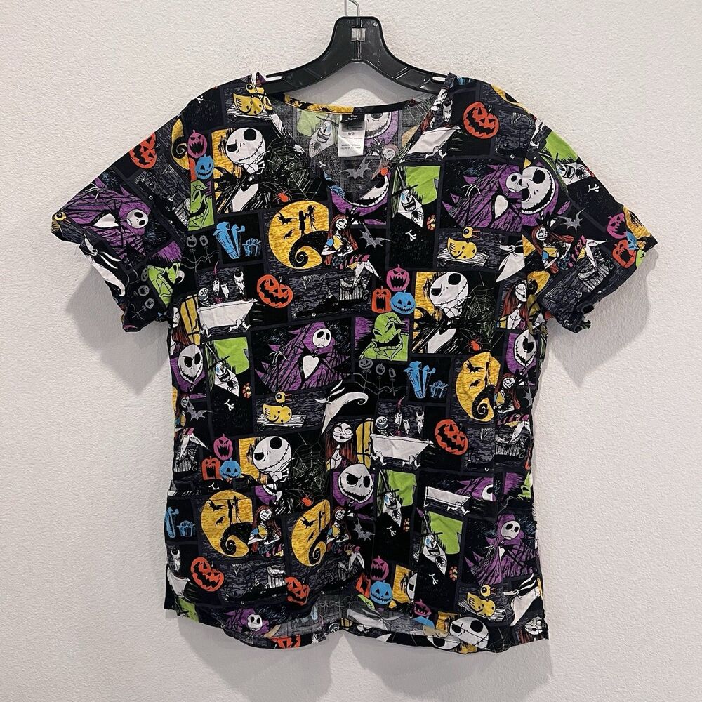 Disney The Nightmare Before Christmas Womens Large Scrub Top V Neck Pockets